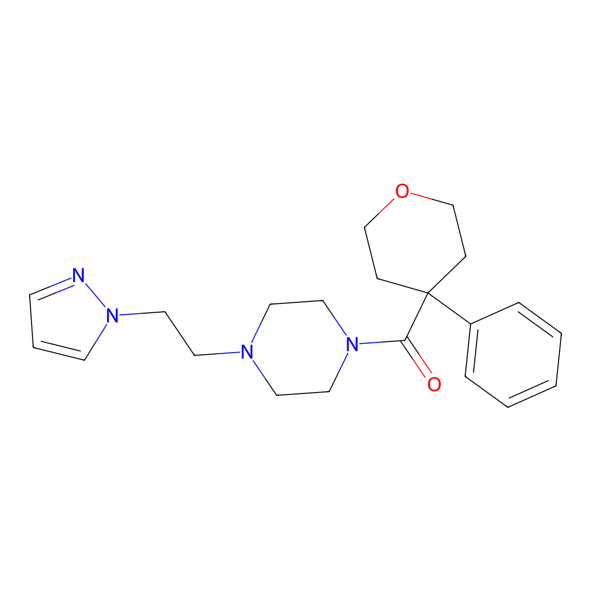 (4-(2-(1H-pyrazol-1-yl)ethyl)piperazin-1-yl)(4-phenyltetrahydro-2H-pyran-4-yl)methanone molecular structure, CAS 1286696-46-5