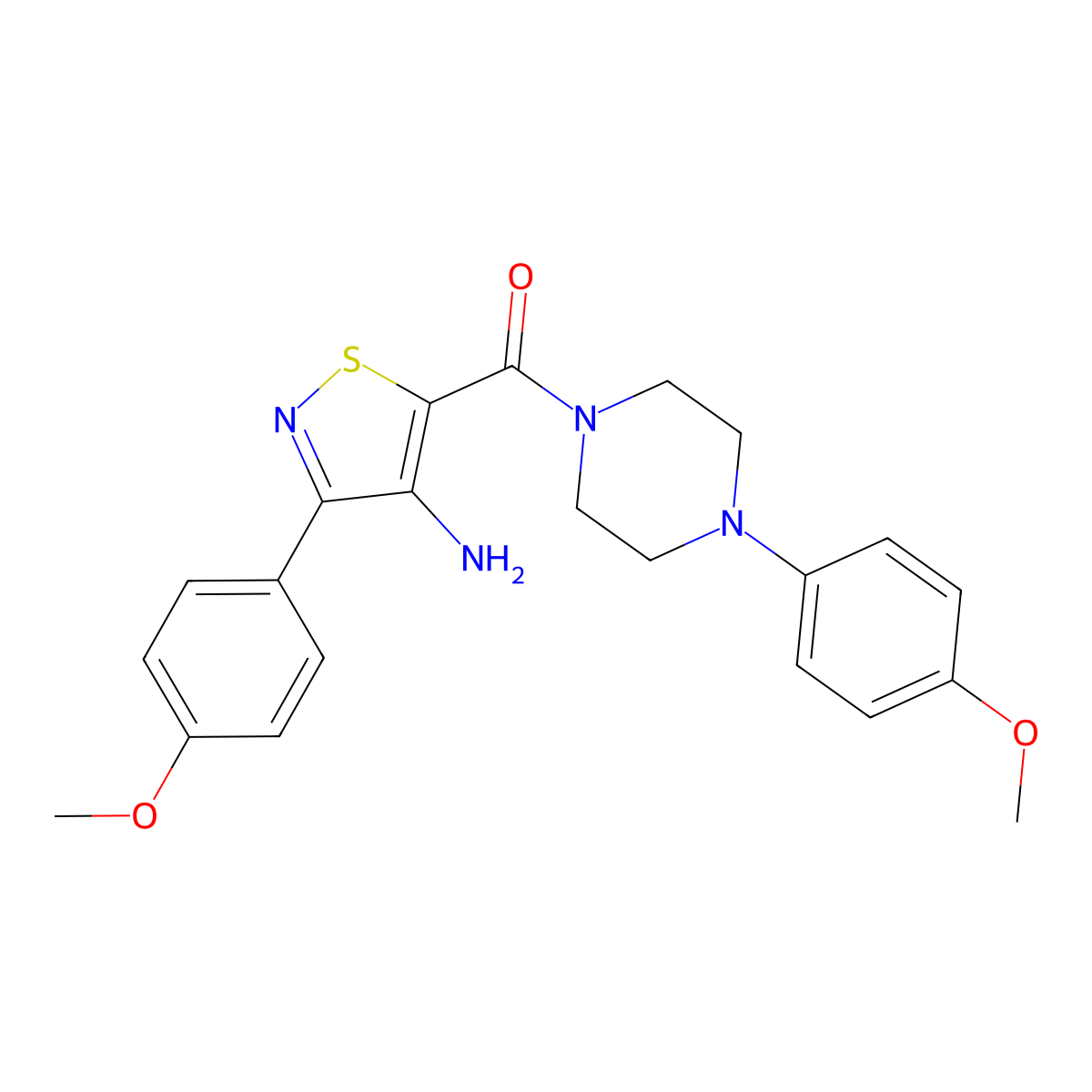 (4-Amino-3-(4-methoxyphenyl)isothiazol-5-yl)(4-(4-methoxyphenyl)piperazin-1-yl)methanone molecular structure, CAS 1286696-47-6