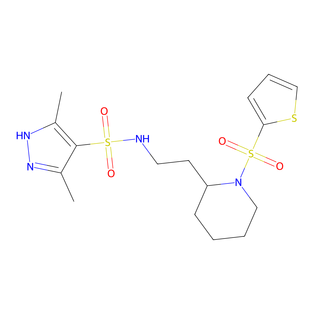 3,5-dimethyl-N-(2-(1-(thiophen-2-ylsulfonyl)piperidin-2-yl)ethyl)-1H-pyrazole-4-sulfonamide molecular structure, CAS 1286696-49-8