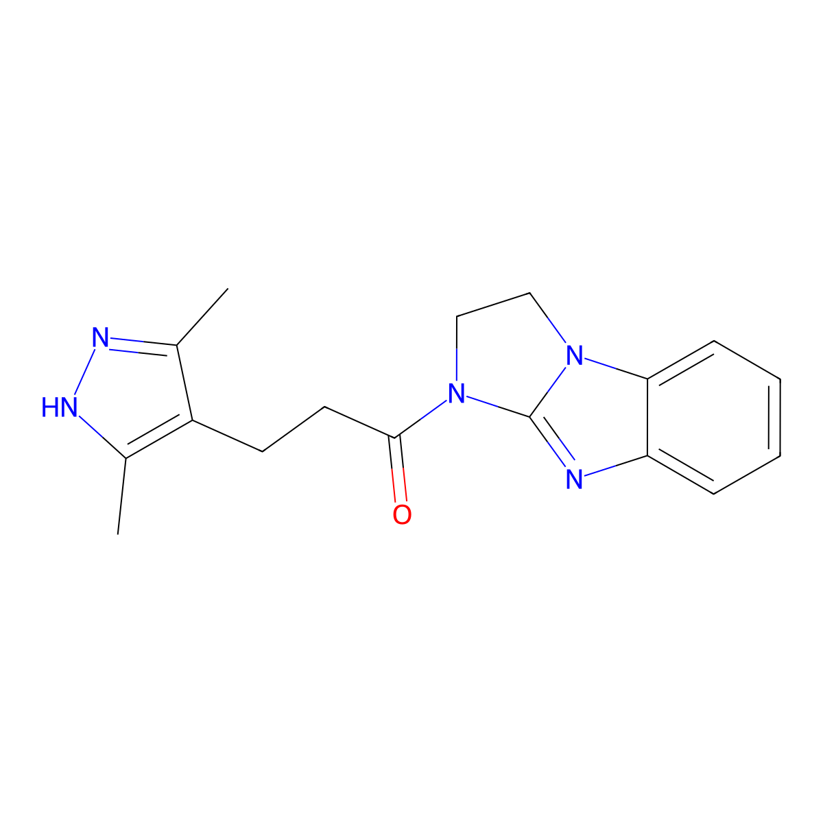 1-(2,3-dihydro-1H-benzo[d]imidazo[1,2-a]imidazol-1-yl)-3-(3,5-dimethyl-1H-pyrazol-4-yl)propan-1-one molecular structure, CAS 1286696-50-1