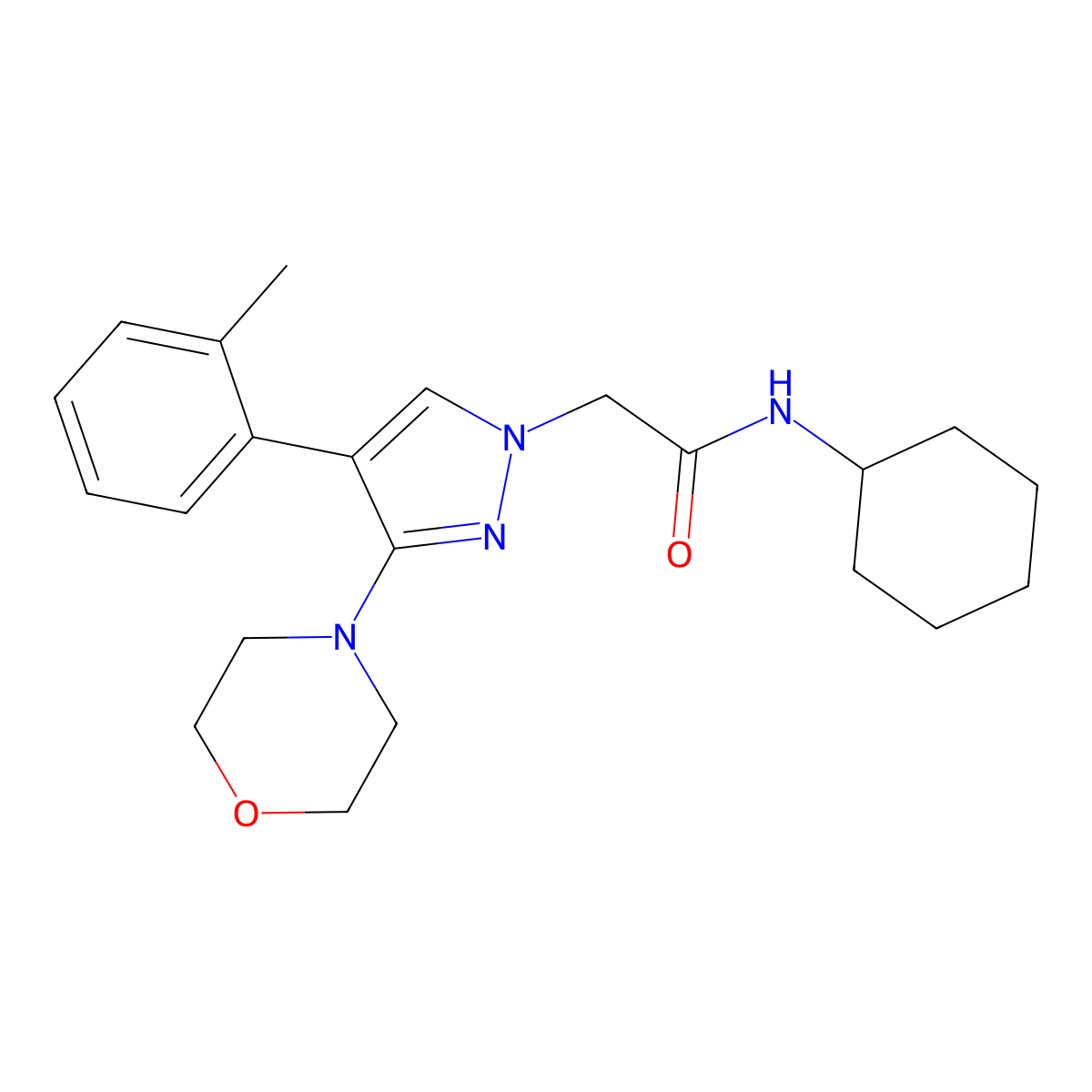 N-cyclohexyl-2-(3-morpholino-4-(o-tolyl)-1H-pyrazol-1-yl)acetamide molecular structure, CAS 1286696-51-2