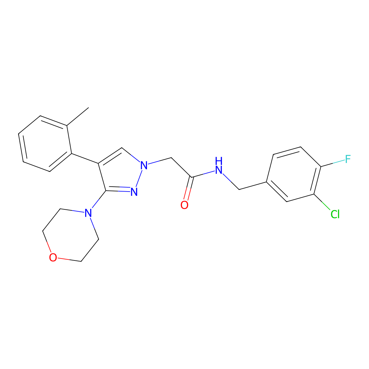 N-(3-chloro-4-fluorobenzyl)-2-(3-morpholino-4-(o-tolyl)-1H-pyrazol-1-yl)acetamide molecular structure, CAS 1286696-55-6