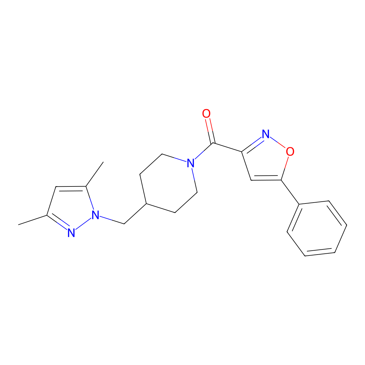 (4-((3,5-dimethyl-1H-pyrazol-1-yl)methyl)piperidin-1-yl)(5-phenylisoxazol-3-yl)methanone molecular structure, CAS 1286696-57-8