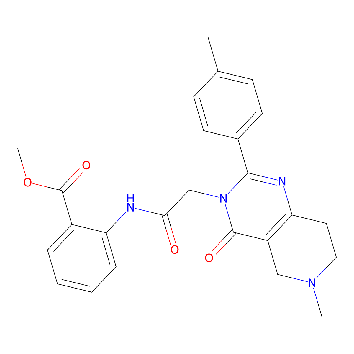 methyl 2-(2-(6-methyl-4-oxo-2-(p-tolyl)-5,6,7,8-tetrahydropyrido[4,3-d]pyrimidin-3(4H)-yl)acetamido)benzoate molecular structure, CAS 1286696-63-6