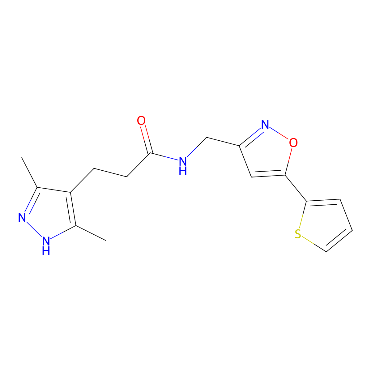 3-(3,5-dimethyl-1H-pyrazol-4-yl)-N-((5-(thiophen-2-yl)isoxazol-3-yl)methyl)propanamide molecular structure, CAS 1286696-90-9