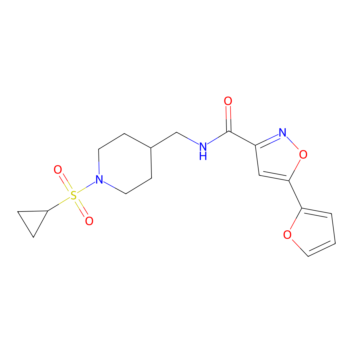 N-((1-(cyclopropylsulfonyl)piperidin-4-yl)methyl)-5-(furan-2-yl)isoxazole-3-carboxamide molecular structure, CAS 1286696-94-3