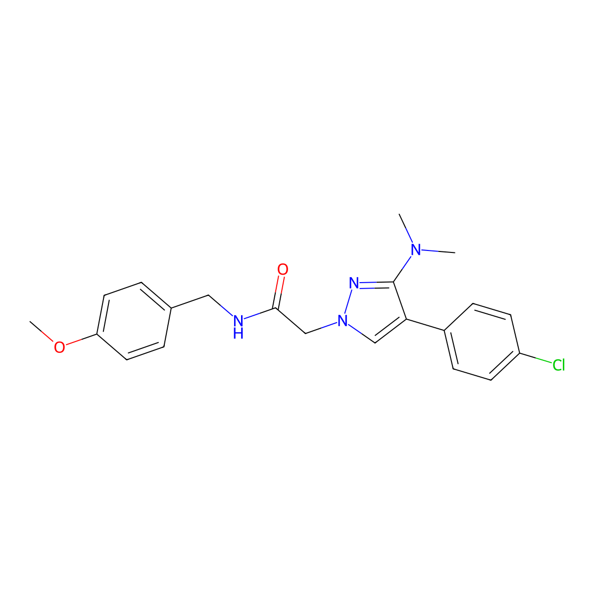 2-(4-(4-chlorophenyl)-3-(dimethylamino)-1H-pyrazol-1-yl)-N-(4-methoxybenzyl)acetamide molecular structure, CAS 1286697-09-3