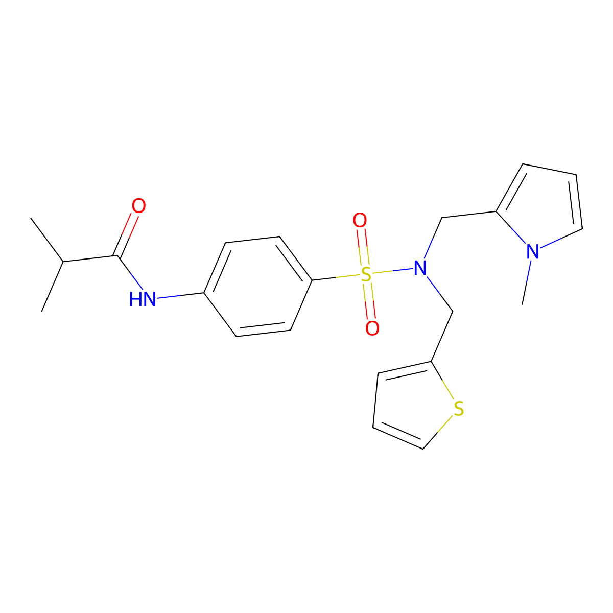 N-(4-(N-((1-methyl-1H-pyrrol-2-yl)methyl)-N-(thiophen-2-ylmethyl)sulfamoyl)phenyl)isobutyramide molecular structure, CAS 1286697-15-1