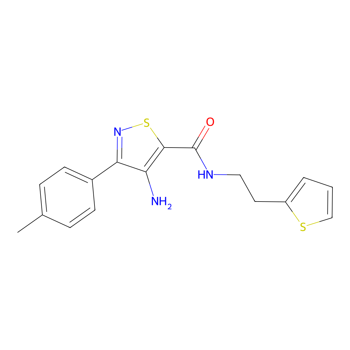 4-amino-N-(2-(thiophen-2-yl)ethyl)-3-(p-tolyl)isothiazole-5-carboxamide molecular structure, CAS 1286697-23-1