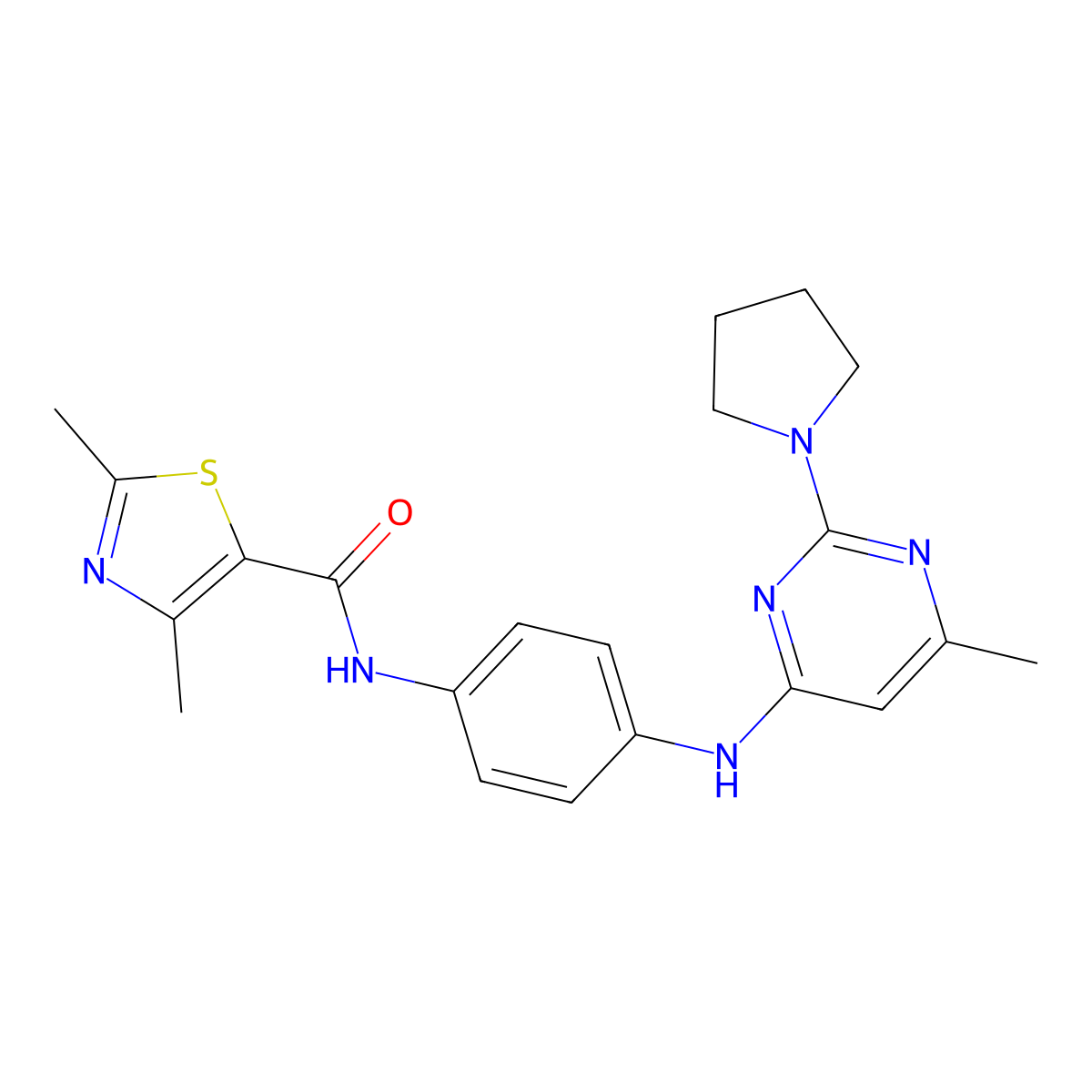2,4-dimethyl-N-(4-((6-methyl-2-(pyrrolidin-1-yl)pyrimidin-4-yl)amino)phenyl)thiazole-5-carboxamide molecular structure, CAS 1286697-50-4