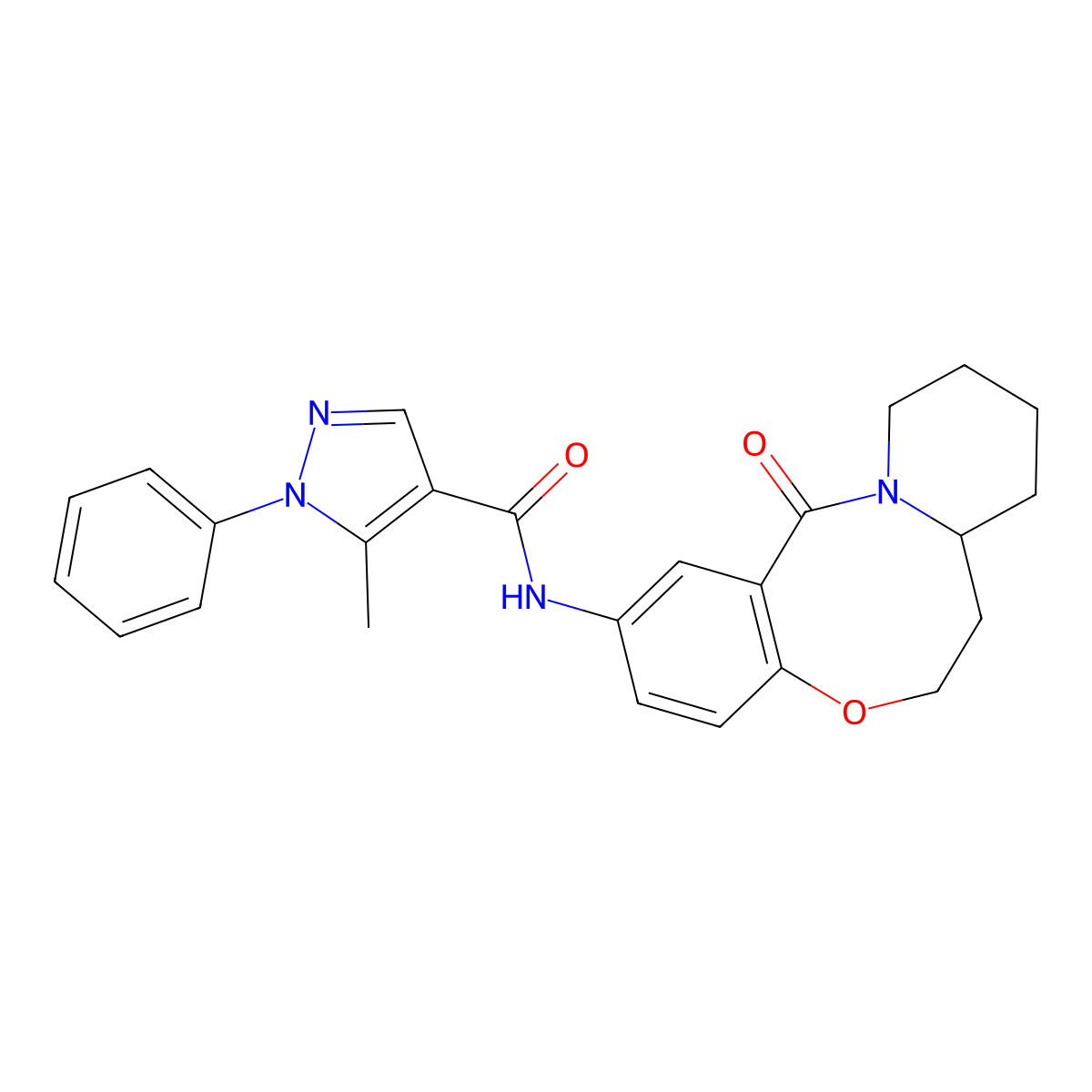 5-methyl-N-{2-oxo-9-oxa-1-azatricyclo[10.4.0.0^{3,8}]hexadeca-3,5,7-trien-5-yl}-1-phenyl-1H-pyrazole-4-carboxamide molecular structure, CAS 1286697-66-2