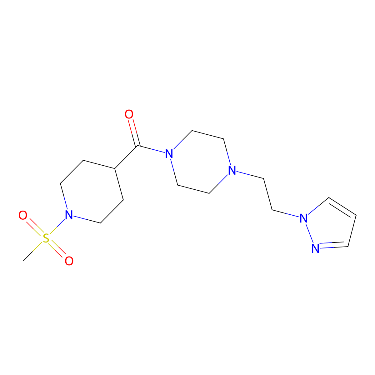 (4-(2-(1H-pyrazol-1-yl)ethyl)piperazin-1-yl)(1-(methylsulfonyl)piperidin-4-yl)methanone molecular structure, CAS 1286697-90-2