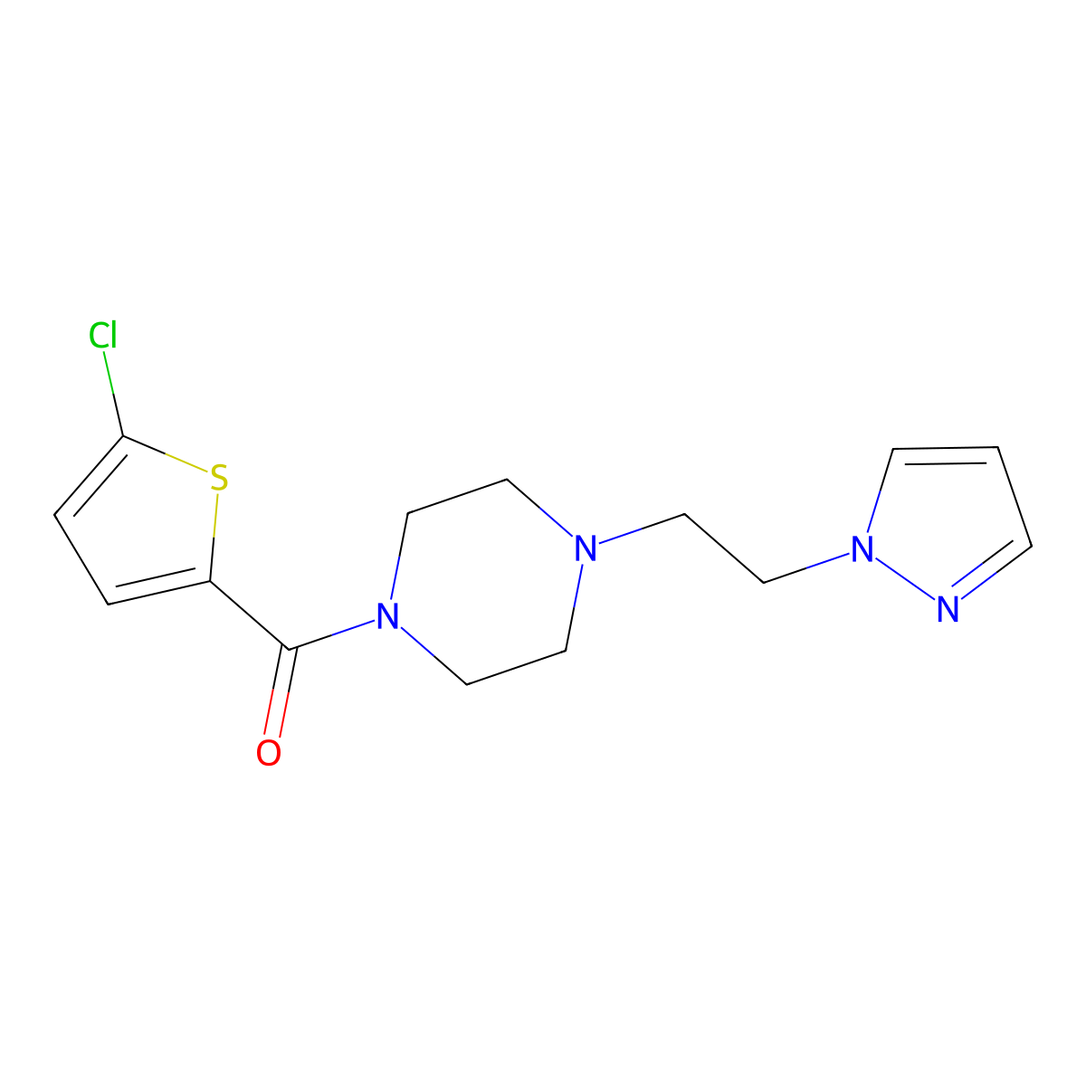 (4-(2-(1H-pyrazol-1-yl)ethyl)piperazin-1-yl)(5-chlorothiophen-2-yl)methanone molecular structure, CAS 1286697-95-7