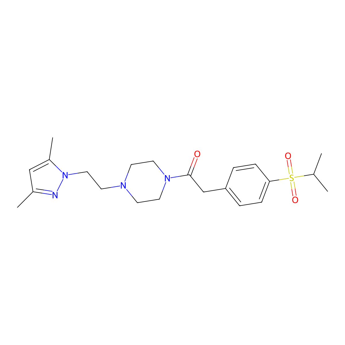 1-(4-(2-(3,5-dimethyl-1H-pyrazol-1-yl)ethyl)piperazin-1-yl)-2-(4-(isopropylsulfonyl)phenyl)ethanone molecular structure, CAS 1286697-99-1