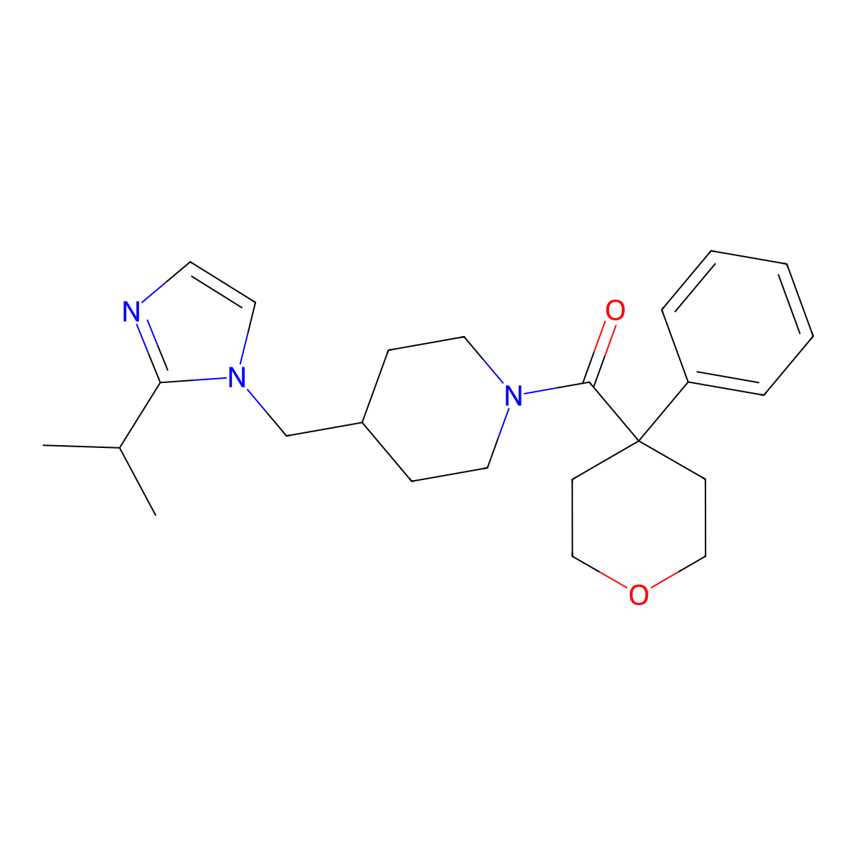 (4-((2-isopropyl-1H-imidazol-1-yl)methyl)piperidin-1-yl)(4-phenyltetrahydro-2H-pyran-4-yl)methanone molecular structure, CAS 1286698-11-0