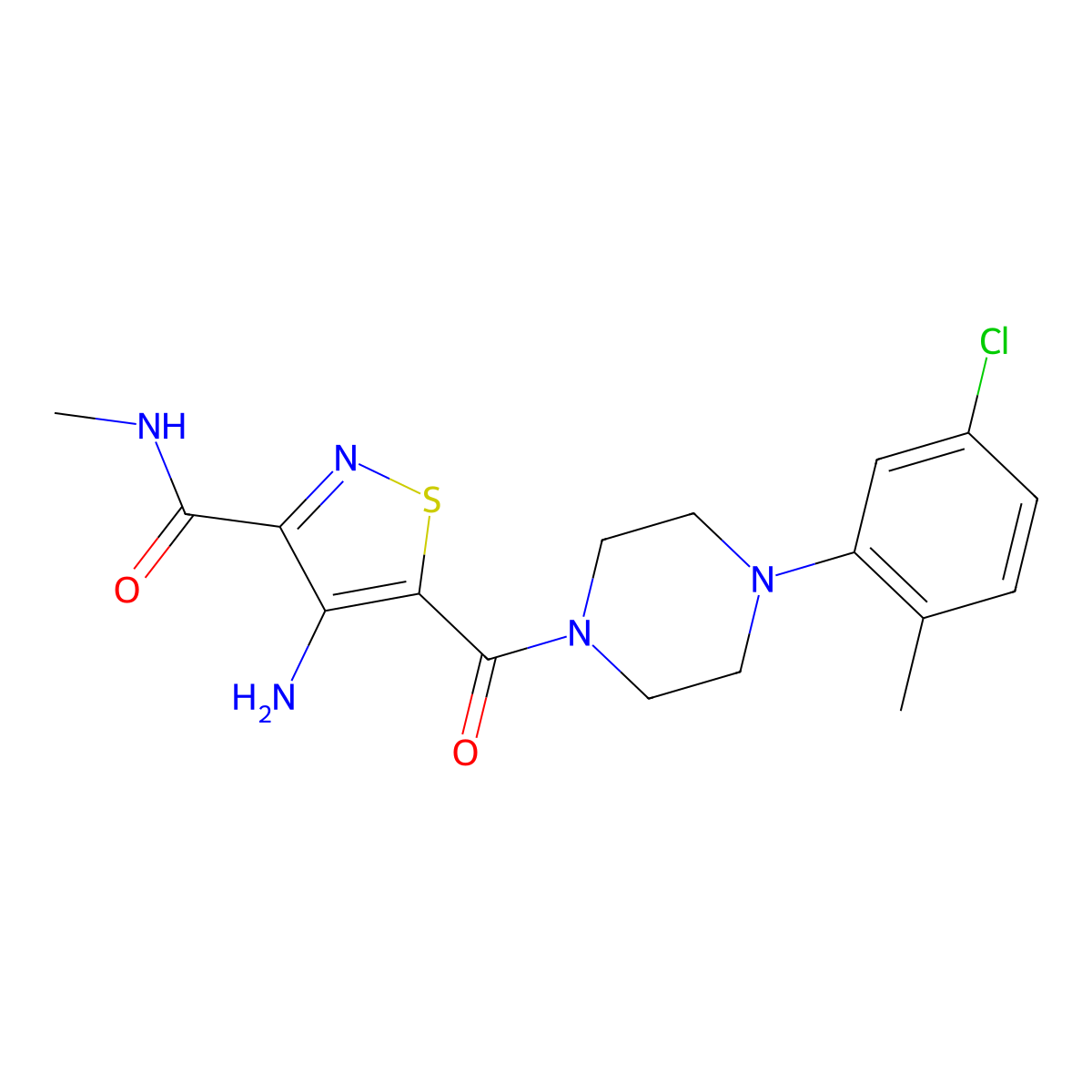4-amino-5-(4-(5-chloro-2-methylphenyl)piperazine-1-carbonyl)-N-methylisothiazole-3-carboxamide molecular structure, CAS 1286698-14-3