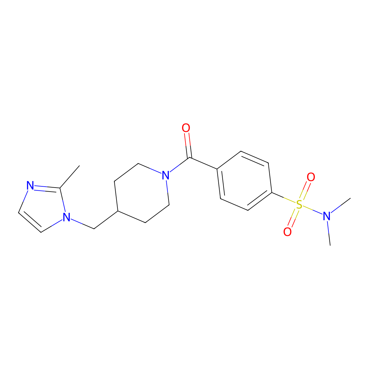 N,N-dimethyl-4-(4-((2-methyl-1H-imidazol-1-yl)methyl)piperidine-1-carbonyl)benzenesulfonamide molecular structure, CAS 1286698-15-4