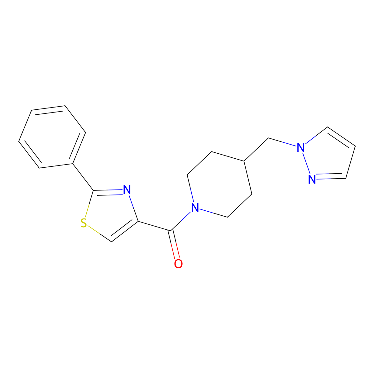 (4-((1H-pyrazol-1-yl)methyl)piperidin-1-yl)(2-phenylthiazol-4-yl)methanone molecular structure, CAS 1286698-19-8
