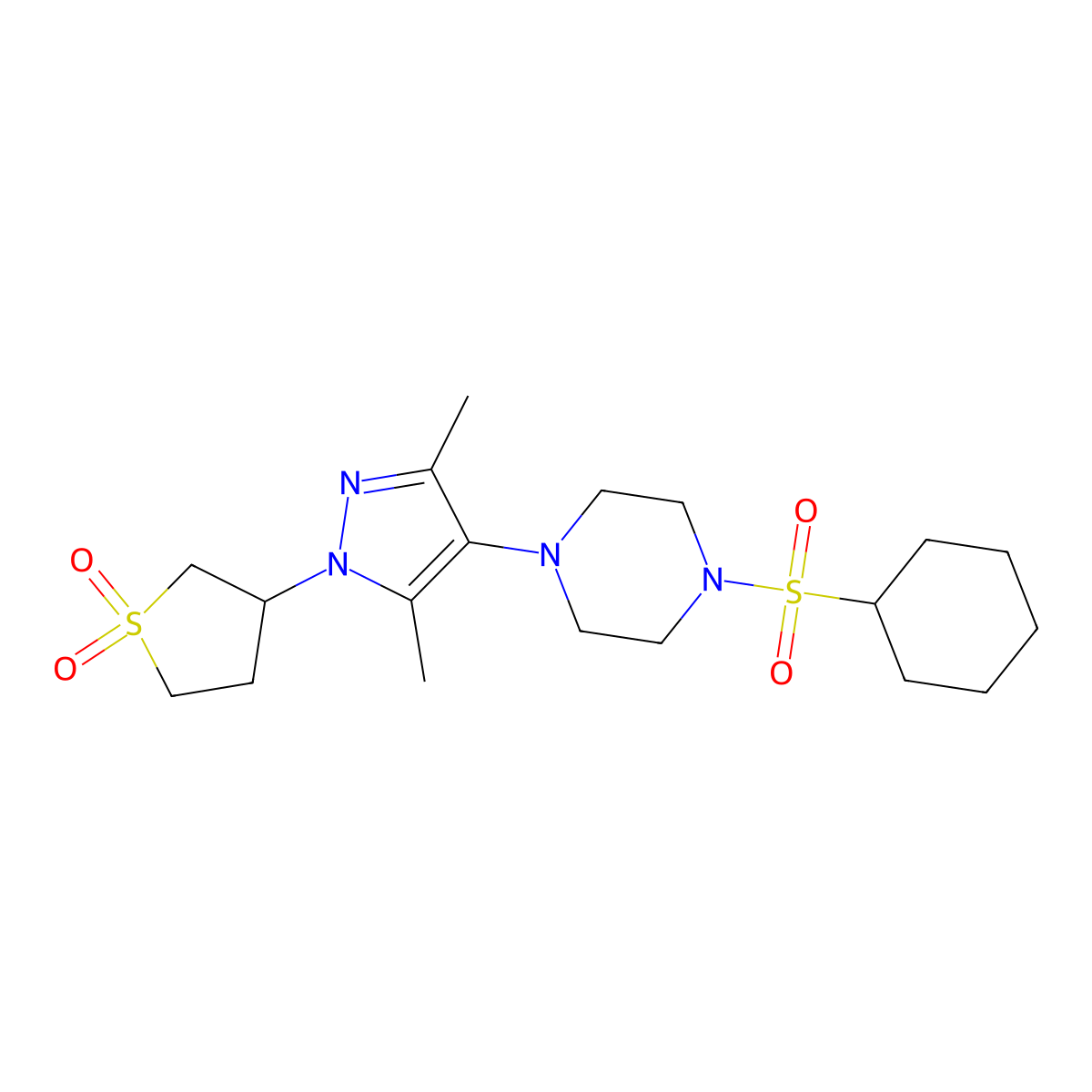 3-(4-(4-(cyclohexylsulfonyl)piperazin-1-yl)-3,5-dimethyl-1H-pyrazol-1-yl)tetrahydrothiophene 1,1-dioxide molecular structure, CAS 1286698-20-1