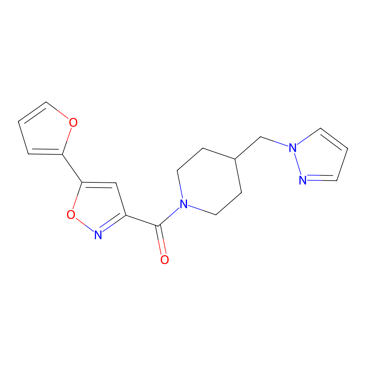 (4-((1H-pyrazol-1-yl)methyl)piperidin-1-yl)(5-(furan-2-yl)isoxazol-3-yl)methanone molecular structure, CAS 1286698-22-3