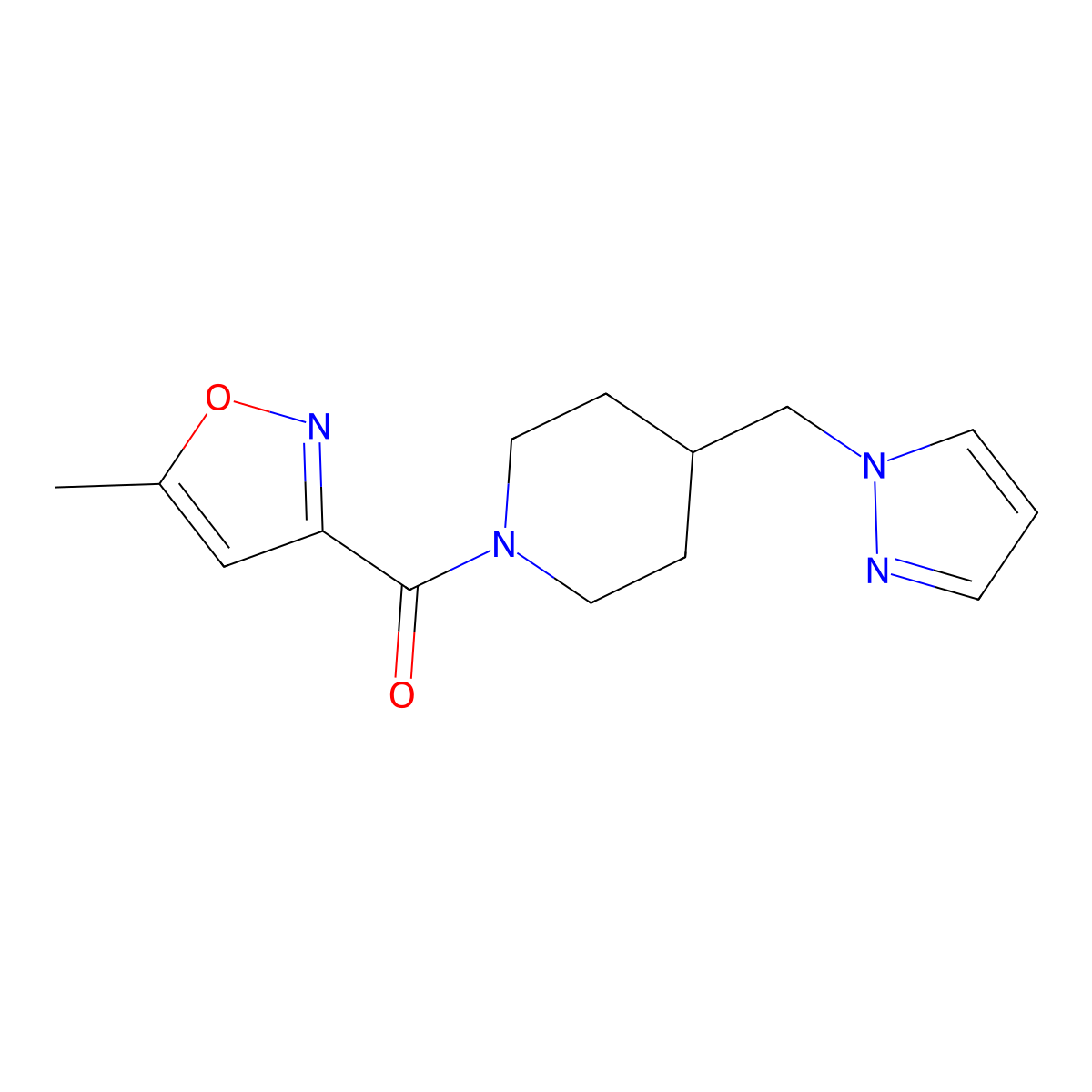 (4-((1H-pyrazol-1-yl)methyl)piperidin-1-yl)(5-methylisoxazol-3-yl)methanone molecular structure, CAS 1286698-38-1