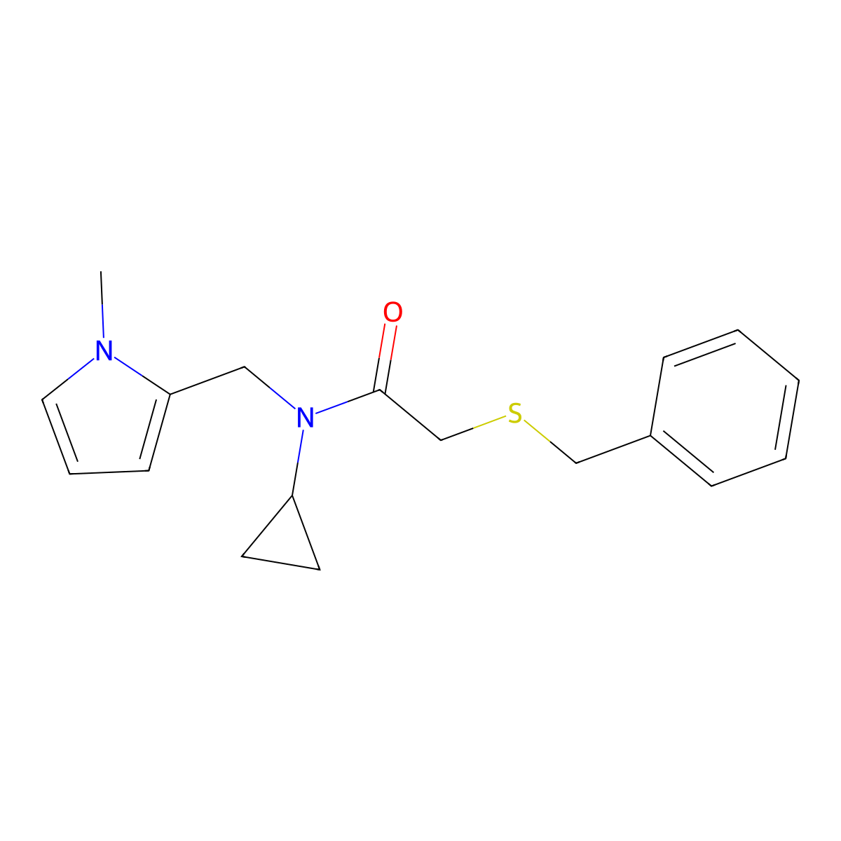 2-(benzylthio)-N-cyclopropyl-N-((1-methyl-1H-pyrrol-2-yl)methyl)acetamide molecular structure, CAS 1286698-58-5