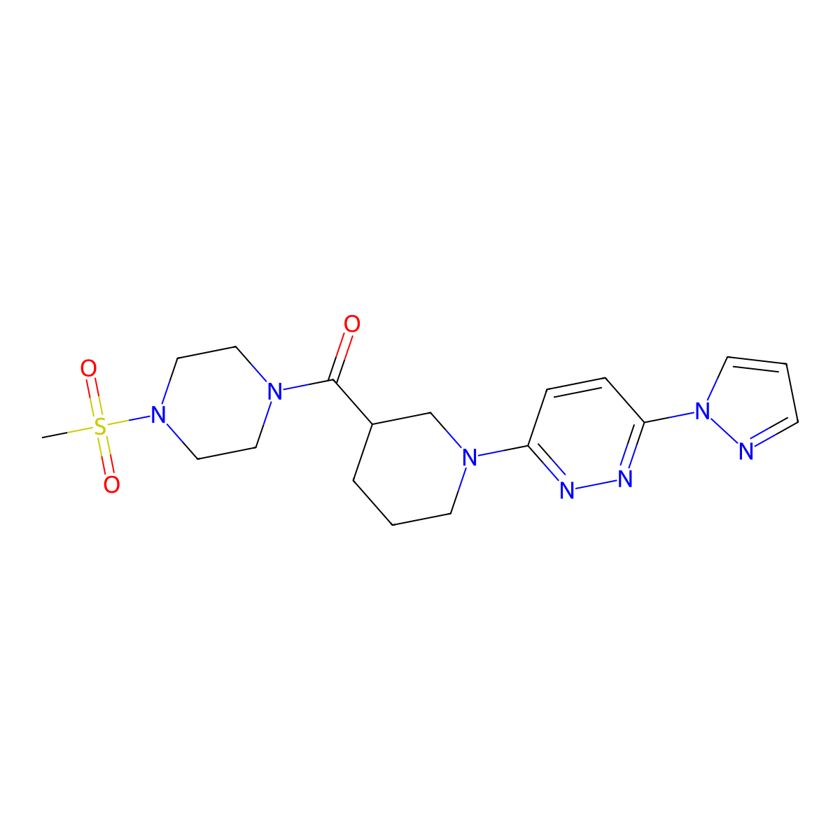 (1-(6-(1H-pyrazol-1-yl)pyridazin-3-yl)piperidin-3-yl)(4-(methylsulfonyl)piperazin-1-yl)methanone molecular structure, CAS 1286698-66-5