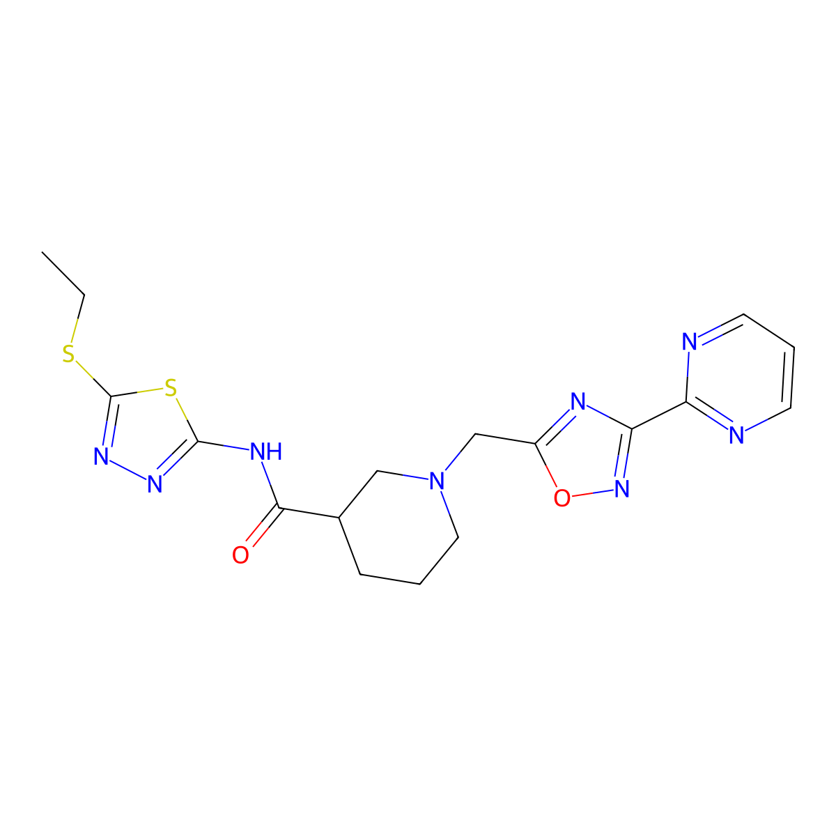 N-(5-(ethylthio)-1,3,4-thiadiazol-2-yl)-1-((3-(pyrimidin-2-yl)-1,2,4-oxadiazol-5-yl)methyl)piperidine-3-carboxamide molecular structure, CAS 1286698-68-7