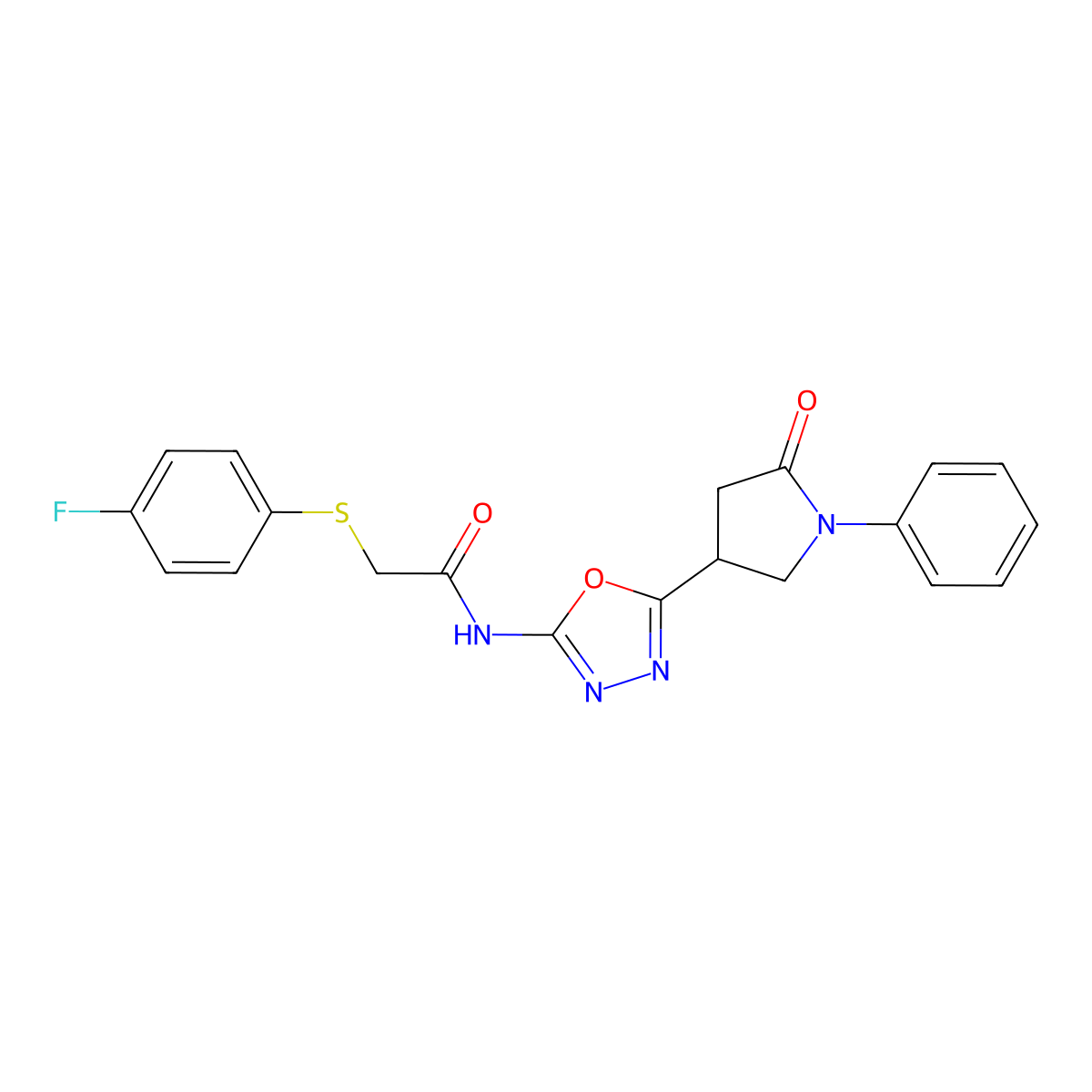 2-((4-fluorophenyl)thio)-N-(5-(5-oxo-1-phenylpyrrolidin-3-yl)-1,3,4-oxadiazol-2-yl)acetamide molecular structure, CAS 1286698-69-8