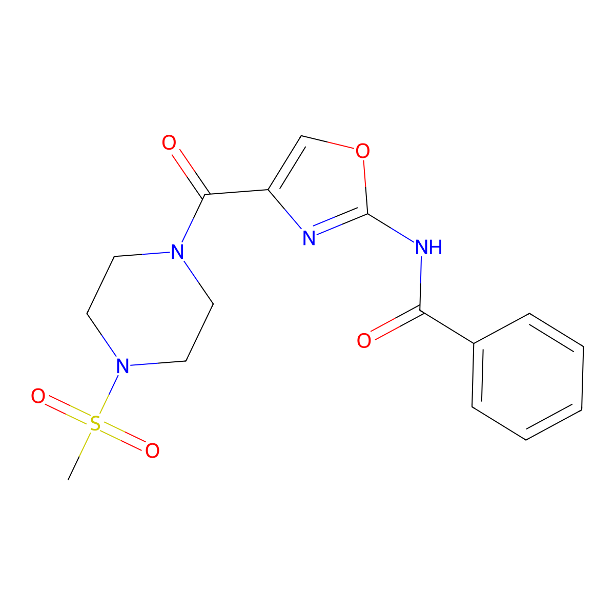 N-(4-(4-(methylsulfonyl)piperazine-1-carbonyl)oxazol-2-yl)benzamide molecular structure, CAS 1286698-71-2