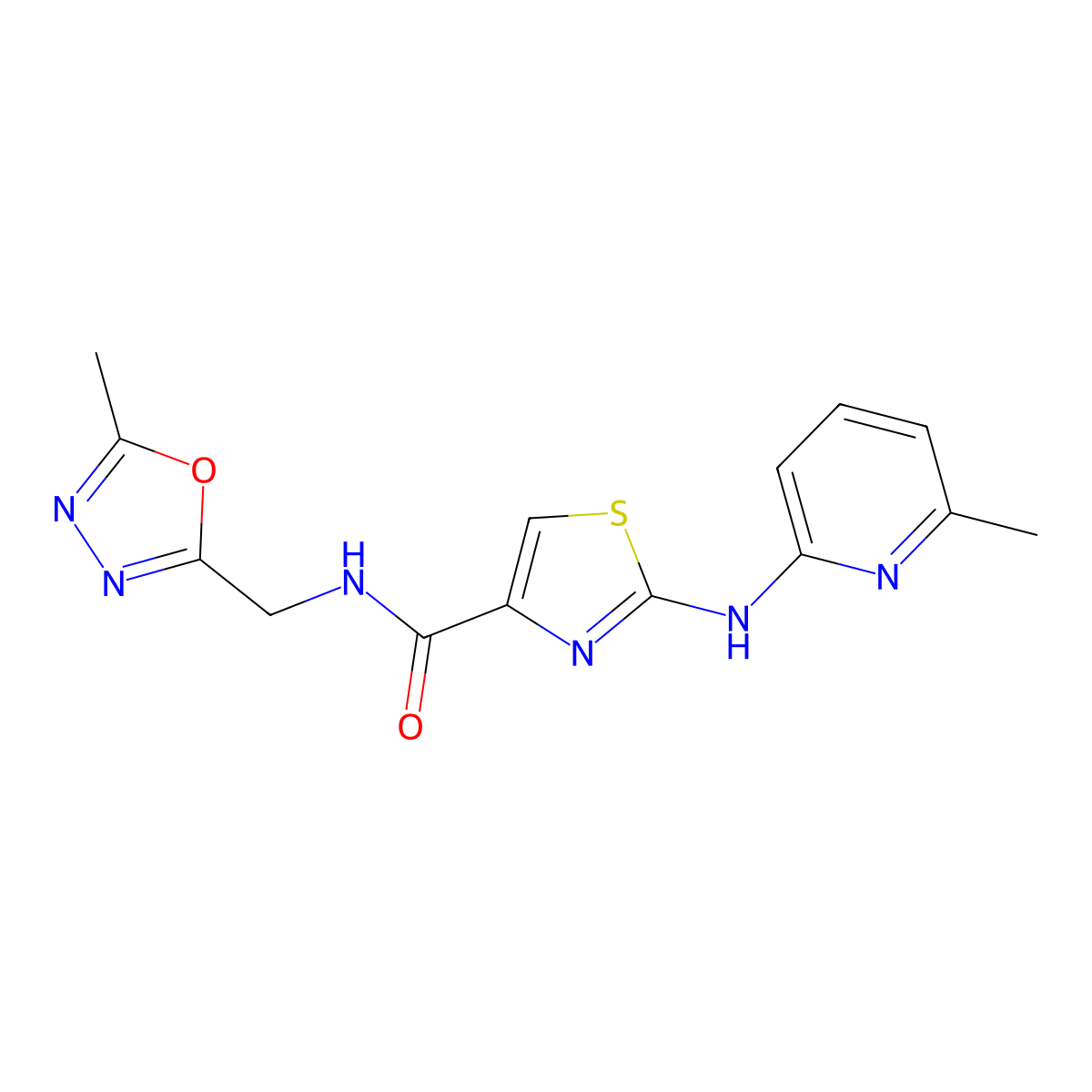 N-((5-methyl-1,3,4-oxadiazol-2-yl)methyl)-2-((6-methylpyridin-2-yl)amino)thiazole-4-carboxamide molecular structure, CAS 1286698-79-0