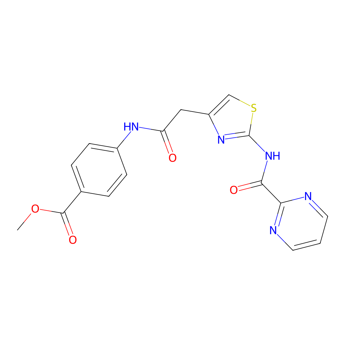 Methyl 4-(2-(2-(pyrimidine-2-carboxamido)thiazol-4-yl)acetamido)benzoate molecular structure, CAS 1286698-90-5