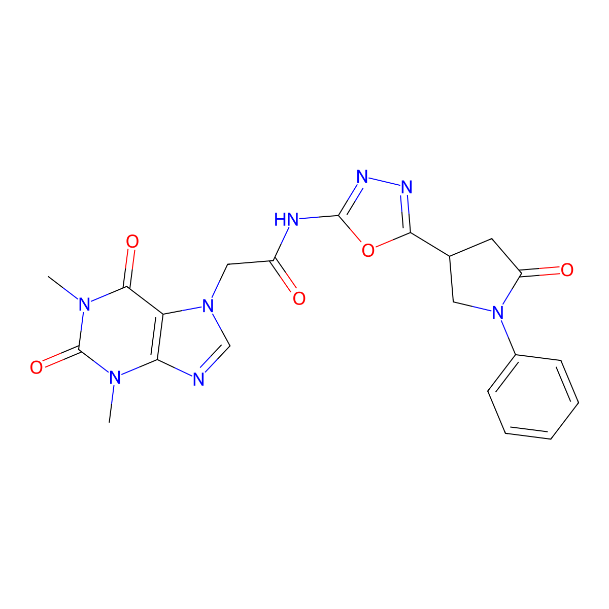 2-(1,3-Dimethyl-2,6-dioxopurin-7-yl)-N-[5-(5-oxo-1-phenylpyrrolidin-3-yl)-1,3,4-oxadiazol-2-yl]acetamide molecular structure, CAS 1286698-97-2