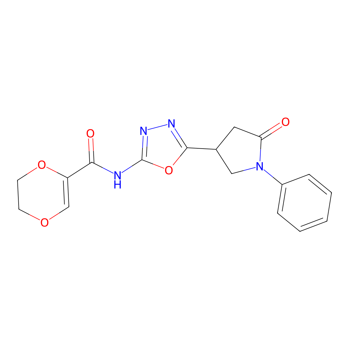 N-[5-(5-oxo-1-phenylpyrrolidin-3-yl)-1,3,4-oxadiazol-2-yl]-5,6-dihydro-1,4-dioxine-2-carboxamide molecular structure, CAS 1286699-08-8