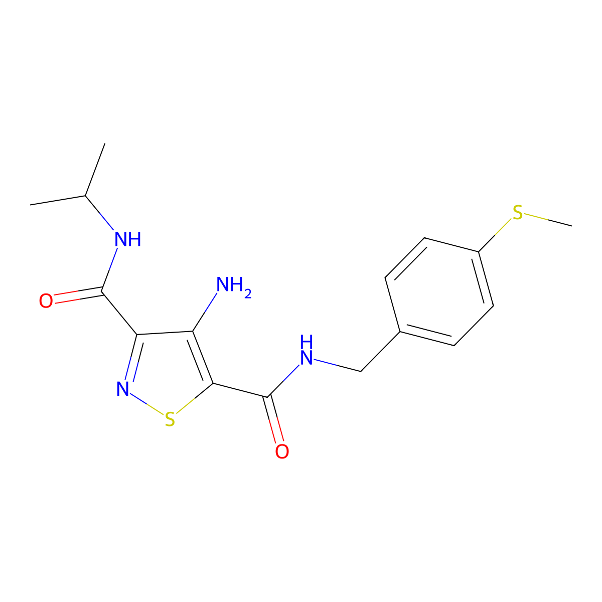 4-amino-N5-{[4-(methylsulfanyl)phenyl]methyl}-N3-(propan-2-yl)-1,2-thiazole-3,5-dicarboxamide molecular structure, CAS 1286699-09-9