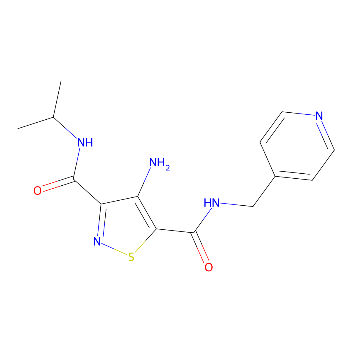 4-amino-N3-(propan-2-yl)-N5-[(pyridin-4-yl)methyl]-1,2-thiazole-3,5-dicarboxamide molecular structure, CAS 1286699-15-7