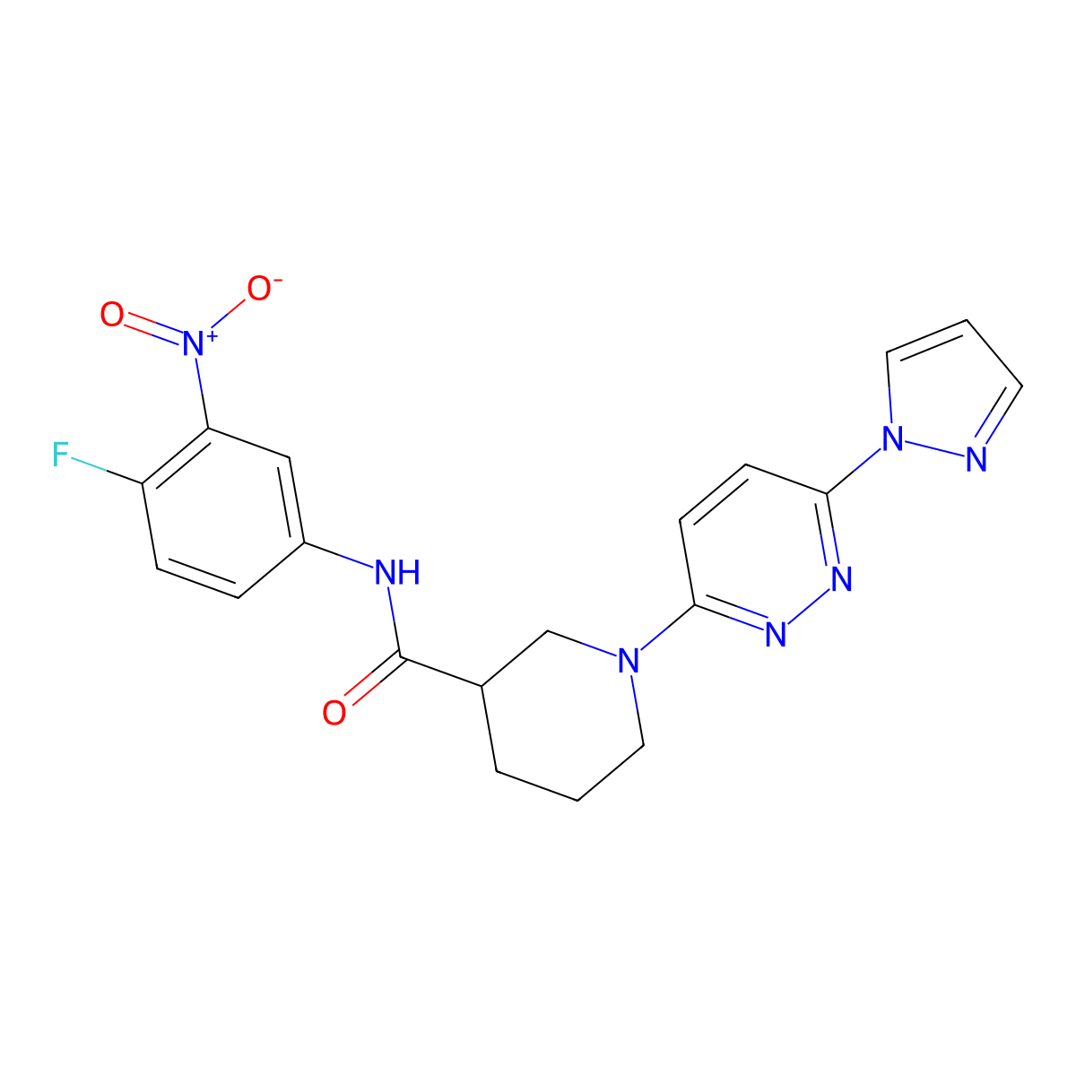 1-(6-(1H-pyrazol-1-yl)pyridazin-3-yl)-N-(4-fluoro-3-nitrophenyl)piperidine-3-carboxamide molecular structure, CAS 1286699-23-7