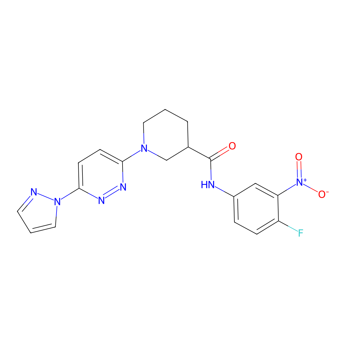 1-(6-(1H-pyrazol-1-yl)pyridazin-3-yl)-N-(4-fluoro-3-nitrophenyl)piperidine-3-carboxamide molecular structure, CAS 1286699-23-7