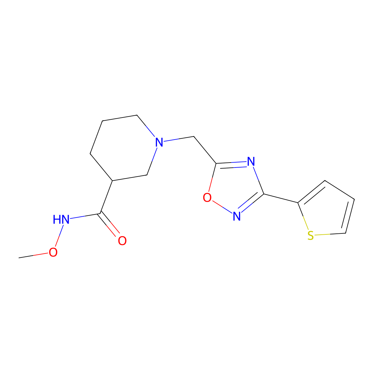N-methoxy-1-((3-(thiophen-2-yl)-1,2,4-oxadiazol-5-yl)methyl)piperidine-3-carboxamide molecular structure, CAS 1286699-67-9
