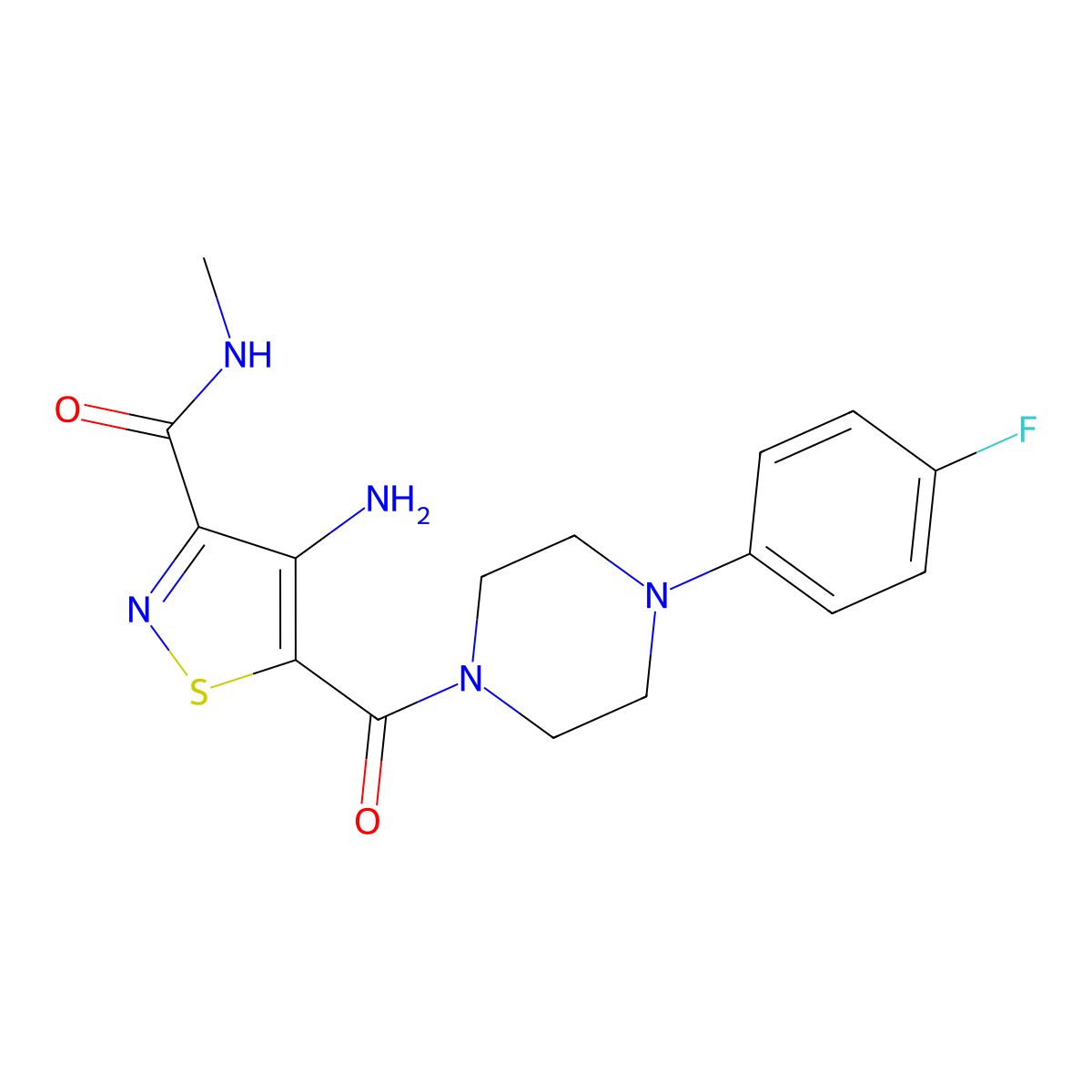 4-amino-5-(4-(4-fluorophenyl)piperazine-1-carbonyl)-N-methylisothiazole-3-carboxamide molecular structure, CAS 1286699-68-0
