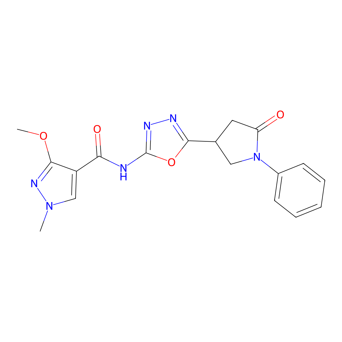 3-methoxy-1-methyl-N-(5-(5-oxo-1-phenylpyrrolidin-3-yl)-1,3,4-oxadiazol-2-yl)-1H-pyrazole-4-carboxamide molecular structure, CAS 1286699-74-8