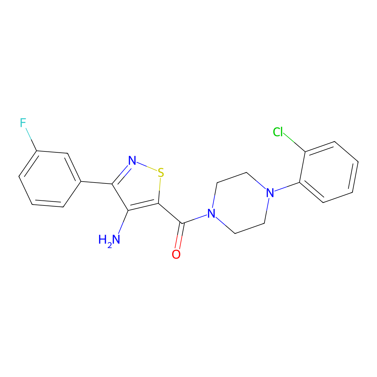 (4-Amino-3-(3-fluorophenyl)isothiazol-5-yl)(4-(2-chlorophenyl)piperazin-1-yl)methanone molecular structure, CAS 1286699-88-4