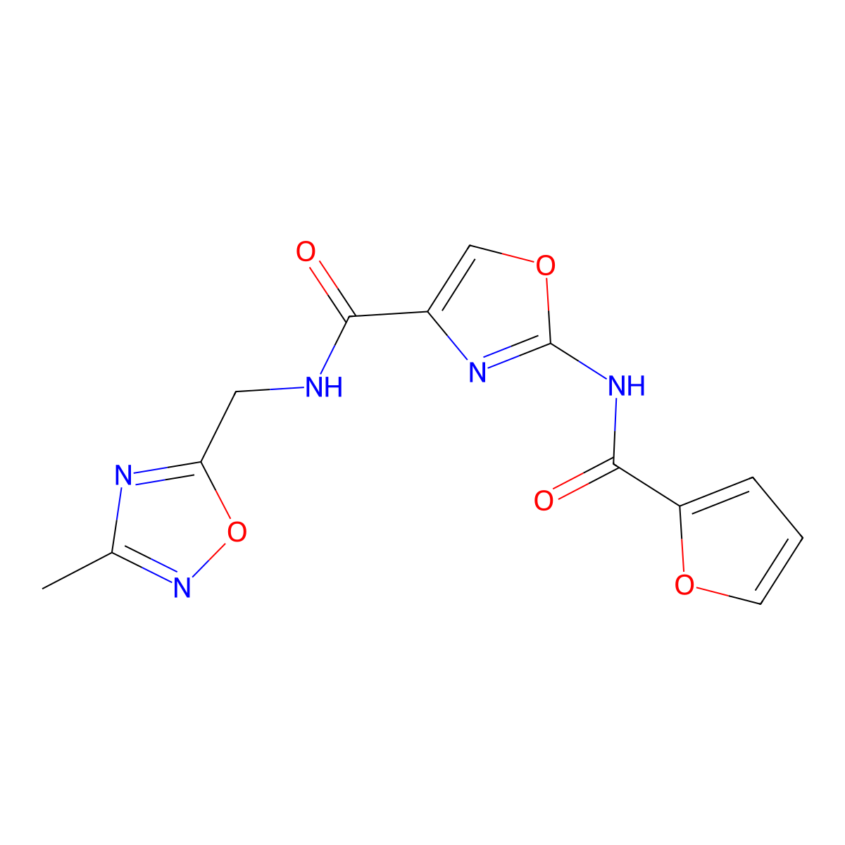 2-(furan-2-carboxamido)-N-((3-methyl-1,2,4-oxadiazol-5-yl)methyl)oxazole-4-carboxamide molecular structure, CAS 1286699-92-0