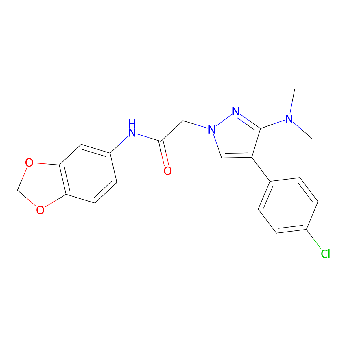 N-(benzo[d][1,3]dioxol-5-yl)-2-(4-(4-chlorophenyl)-3-(dimethylamino)-1H-pyrazol-1-yl)acetamide molecular structure, CAS 1286699-96-4
