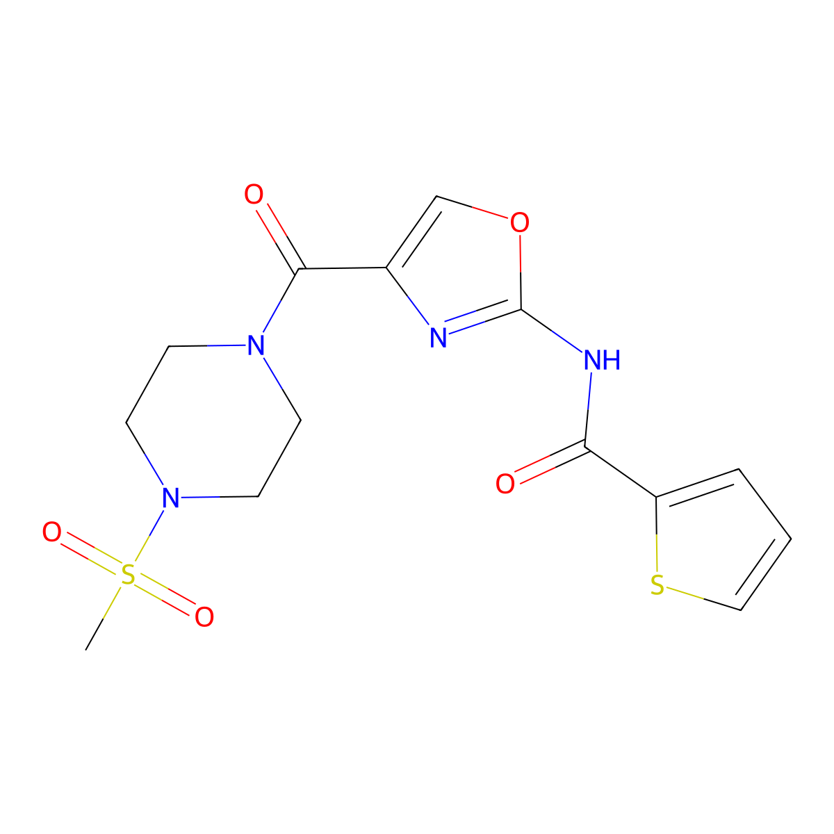 N-(4-(4-(methylsulfonyl)piperazine-1-carbonyl)oxazol-2-yl)thiophene-2-carboxamide molecular structure, CAS 1286700-04-6