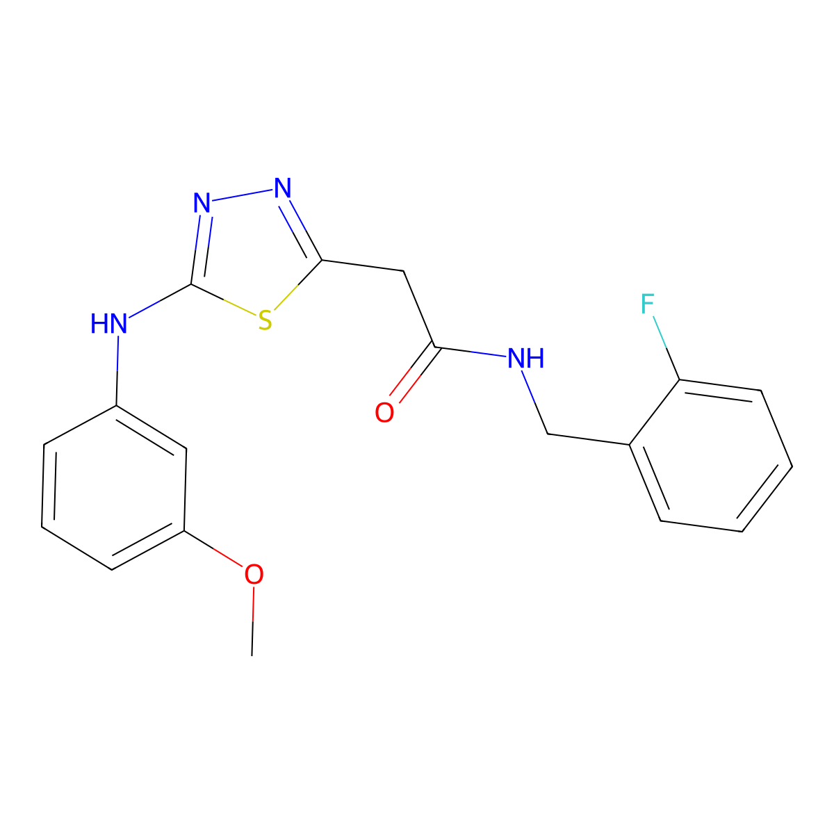 N-(2-fluorobenzyl)-2-(5-((3-methoxyphenyl)amino)-1,3,4-thiadiazol-2-yl)acetamide molecular structure, CAS 1286700-06-8