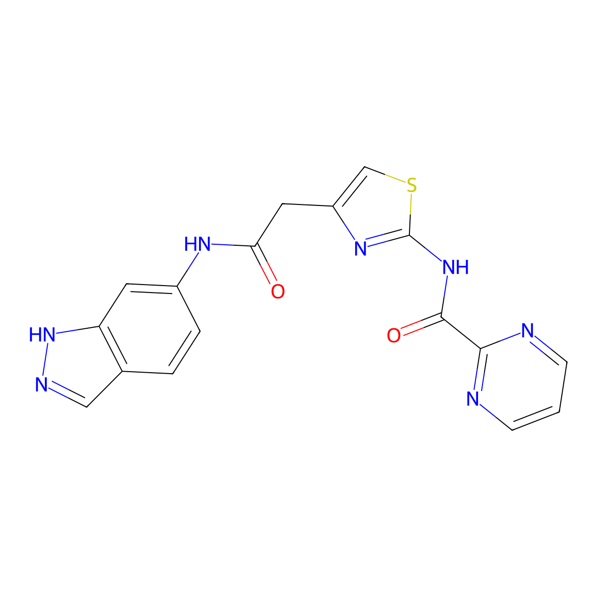 N-(4-(2-((1H-indazol-6-yl)amino)-2-oxoethyl)thiazol-2-yl)pyrimidine-2-carboxamide molecular structure, CAS 1286700-17-1