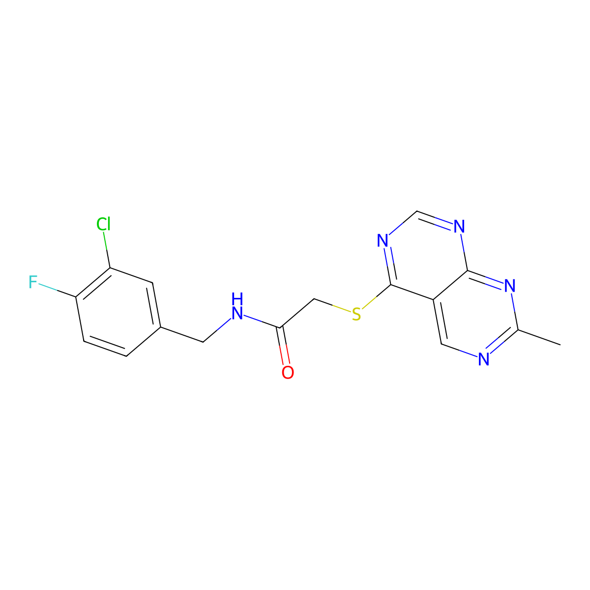 N-(3-chloro-4-fluorobenzyl)-2-((7-methylpyrimido[4,5-d]pyrimidin-4-yl)thio)acetamide molecular structure, CAS 1286702-27-9