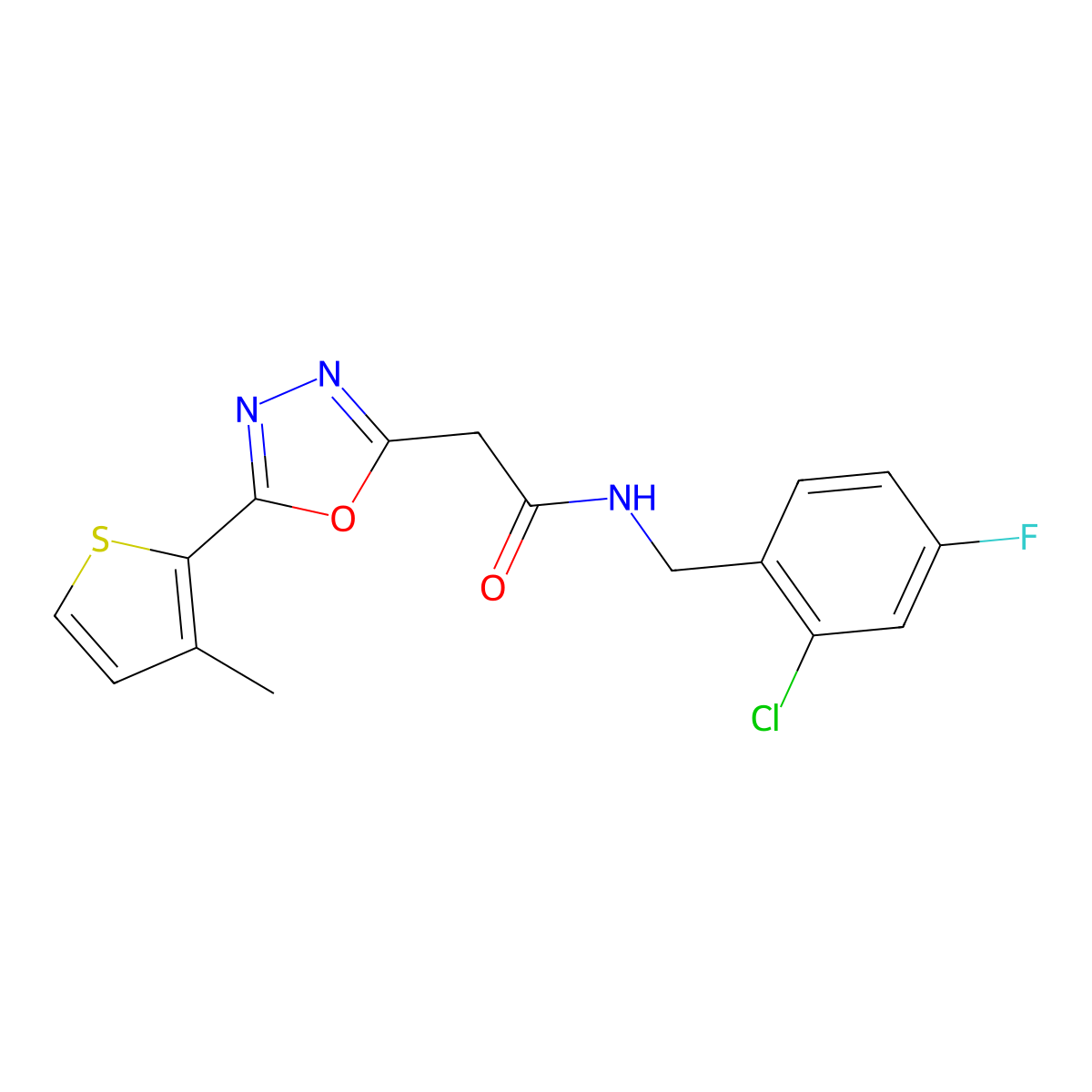 N-[(2-chloro-4-fluorophenyl)methyl]-2-[5-(3-methylthiophen-2-yl)-1,3,4-oxadiazol-2-yl]acetamide molecular structure, CAS 1286702-48-4