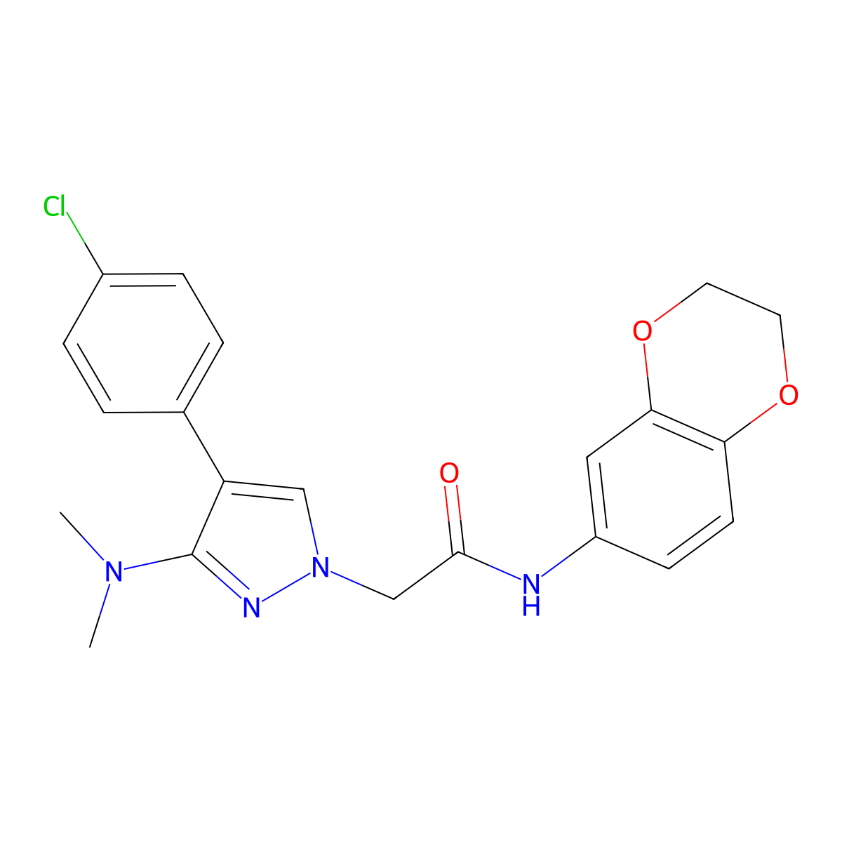 2-(4-(4-chlorophenyl)-3-(dimethylamino)-1H-pyrazol-1-yl)-N-(2,3-dihydrobenzo[b][1,4]dioxin-6-yl)acetamide molecular structure, CAS 1286702-52-0